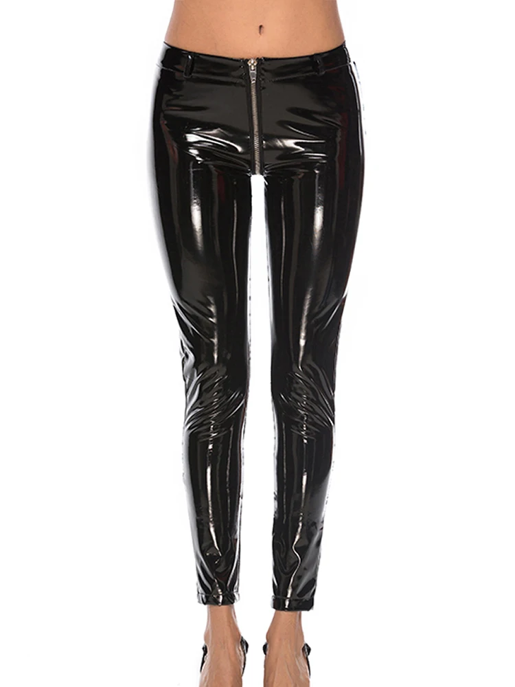 Women Sexy Leggins Club Party Shiny PU Leather Leggings Zipper Design Black Push Up Trousers High Waist Reflective Mirror Pants