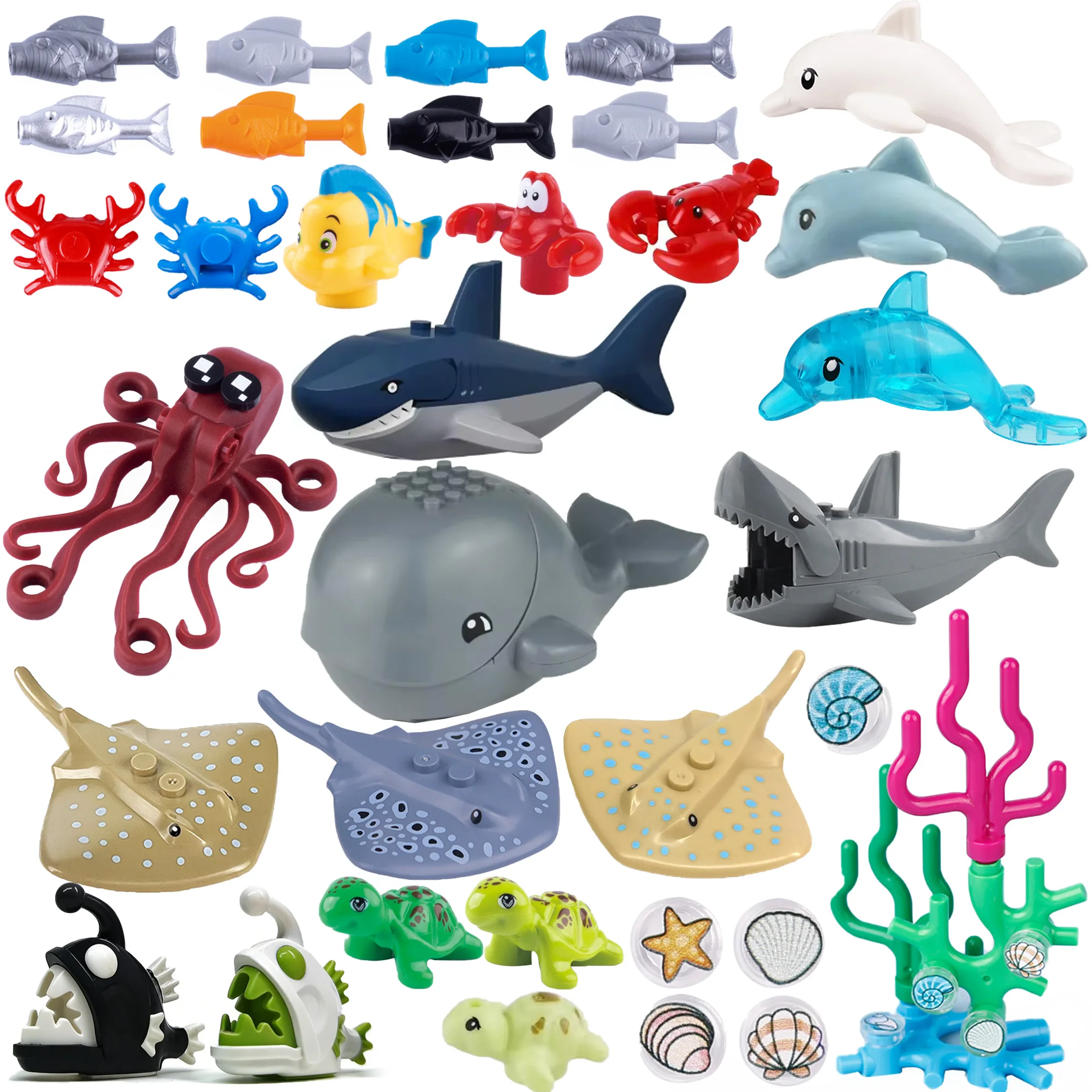 Image of MOC Meerestiere Bausteine Teufelsrochen Hai Delfin Anglerfisch Koralle Muschel Seestern Oktopus Bausteine Spielzeug
