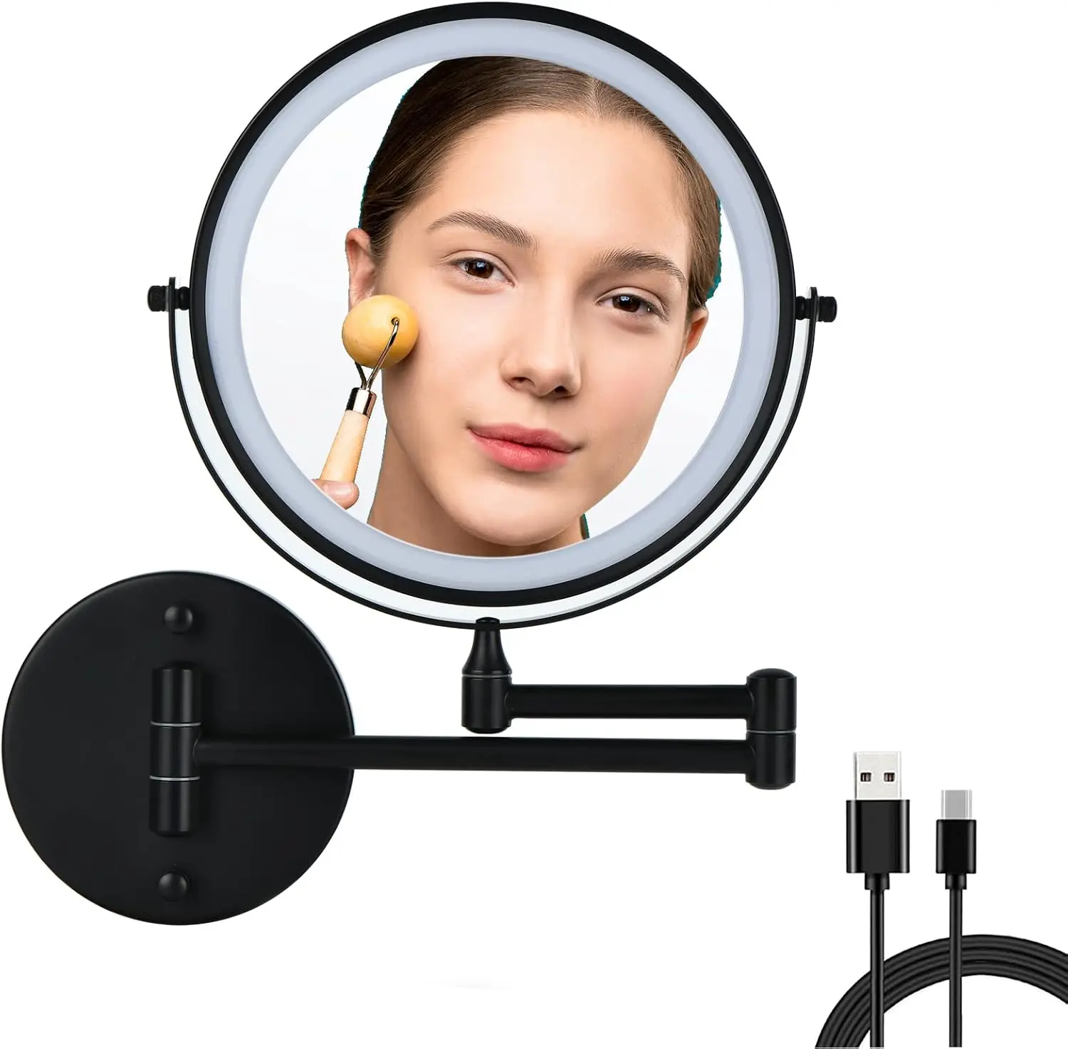 

Mounted Lighted Makeup Mirror Bathroom Black USB Rechargeable Model 8" 1X/10/ Magnifying Cosmetic Mirror with 3 Color Modes，Ex