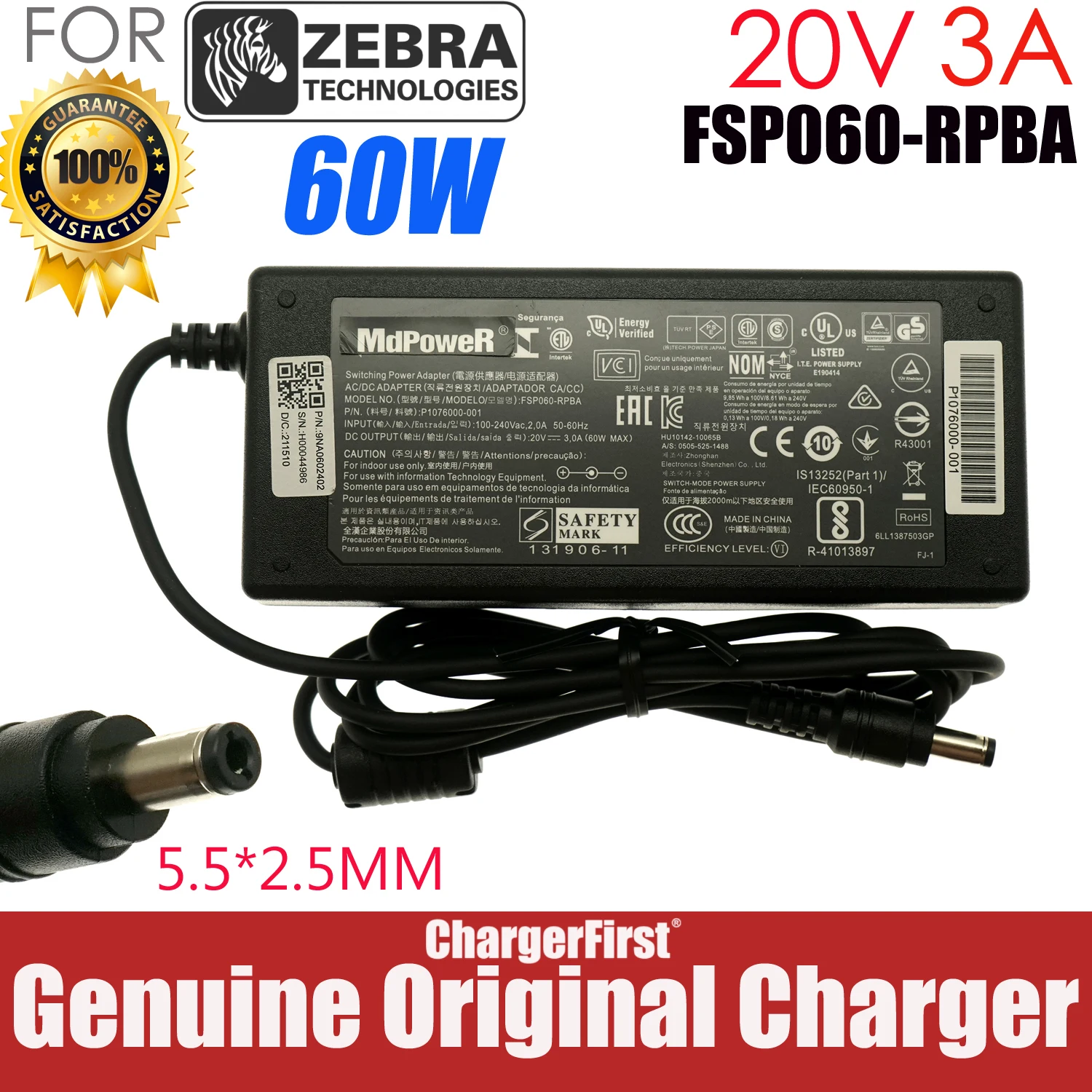 Genuine AC DC Adapter 20V 3A 60W Charger For Zebra TLP2824 Plus LP2824 TLP2844 TLP3844 TLP3842 Printer Powre Supply FSP060-RPBA