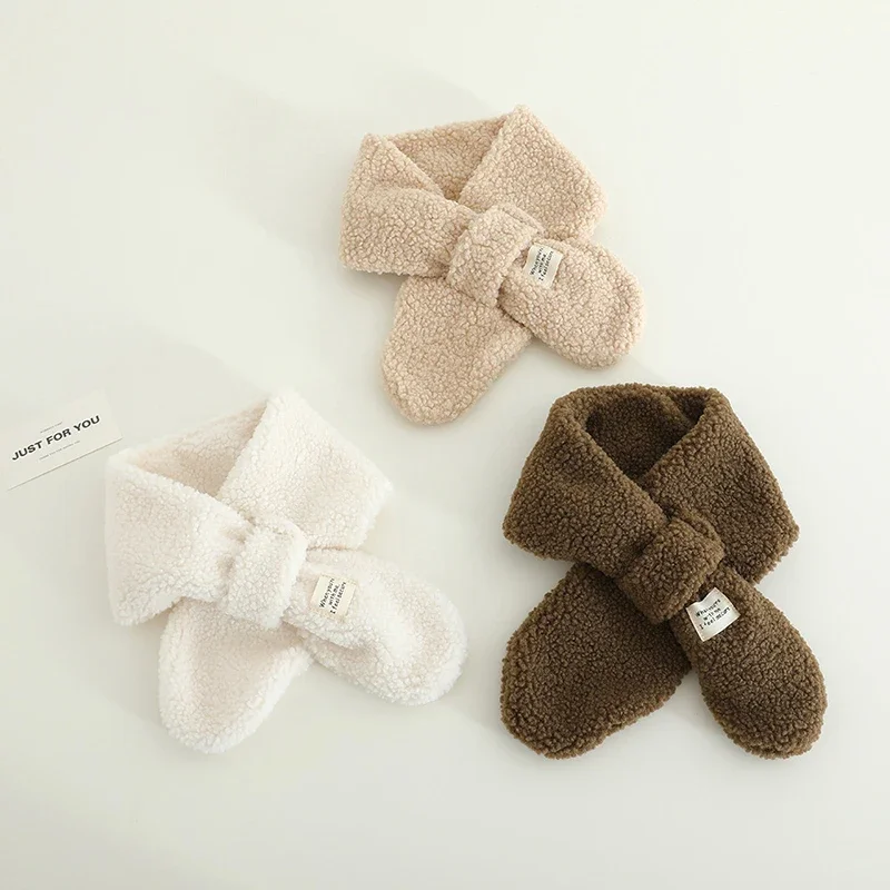 

Winter Lamb Fleece Scarf for Baby Solid Color Warm Plush Neckerchief Korean Cute Kids Girls Boys Cross Scarves