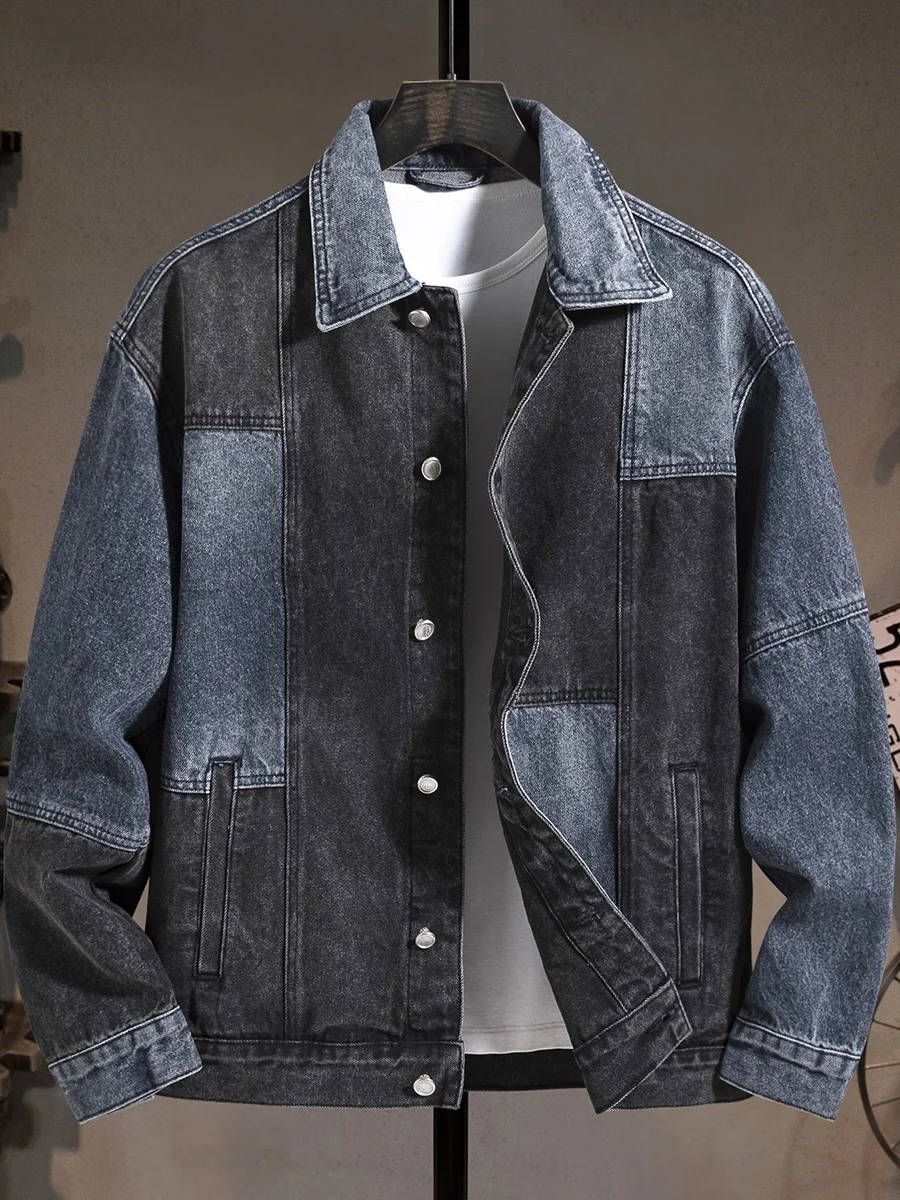 

American Retro Denim Jaet Men's Loose Trendy Splicing Color Blo Cool Personali Top Casual Workwear Outerwear