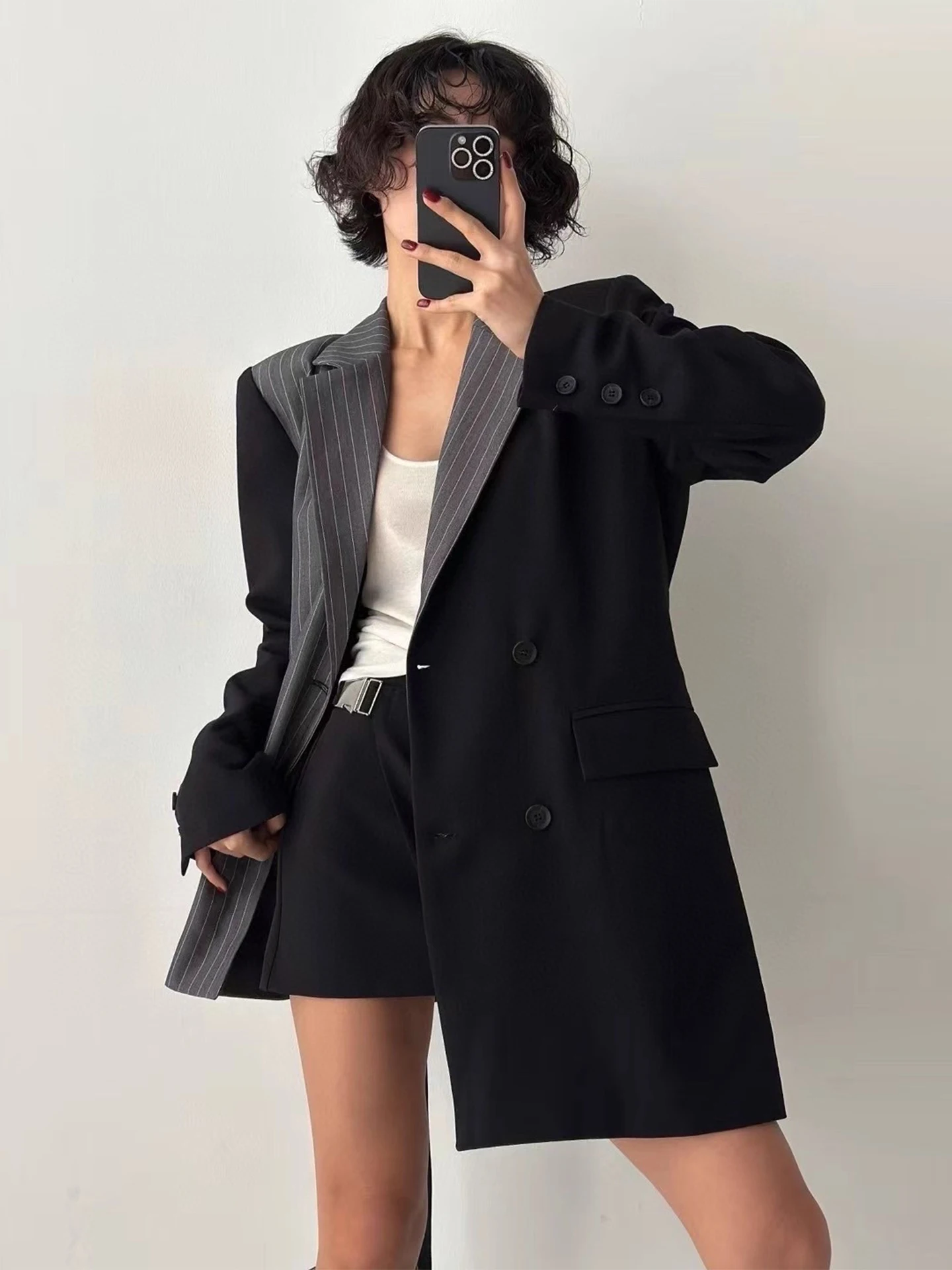 Chic Autumn Asymmetric Color Blo Striped Belted Long Sve Suit Jaet Women's Commute Sle Loose Fit Double Breasted