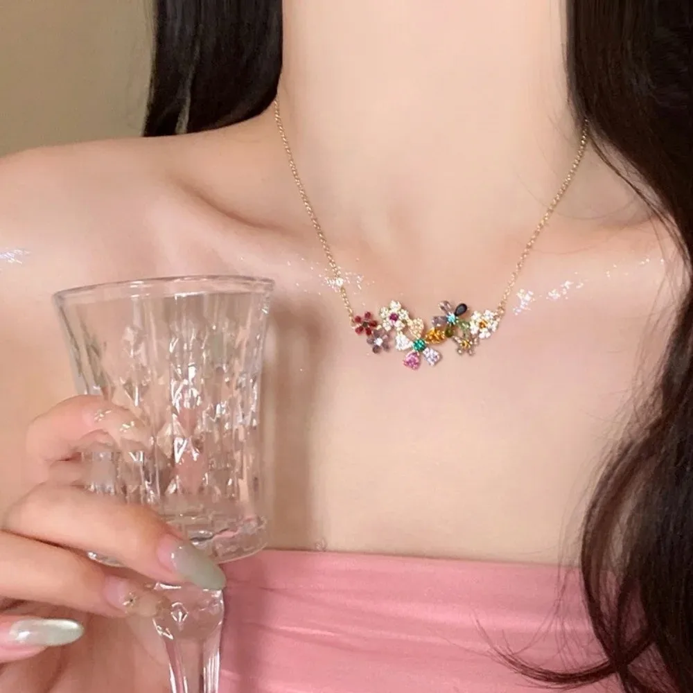 Colored Zircon Zircon Flower Geometry Design Full Diamond Clavicle Chain Shiny Appearance Luxury Jewelry Women's Jewelry