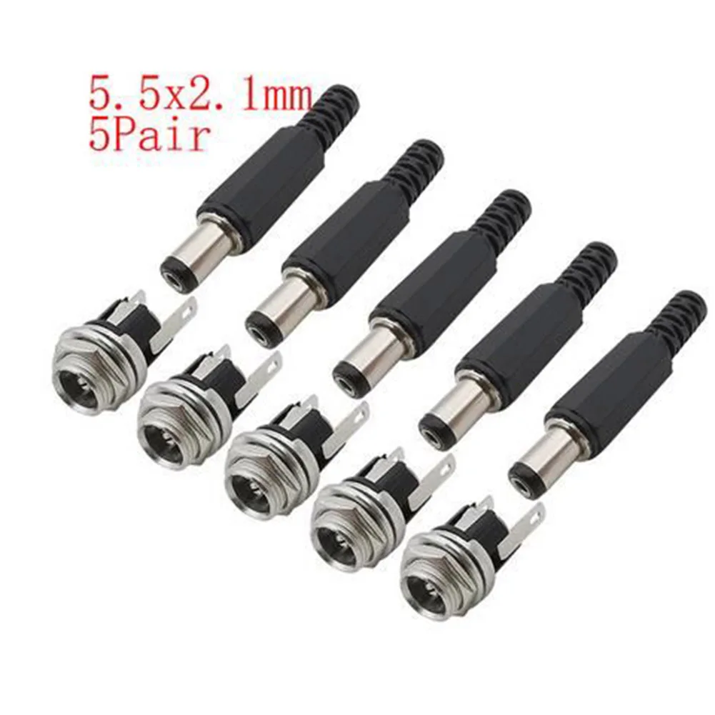 Set of 5 Male DC Connectors with Metal Female 5 5 x 2 1mm Terminal Adapters for DC Power Supply Equipment Compatibility