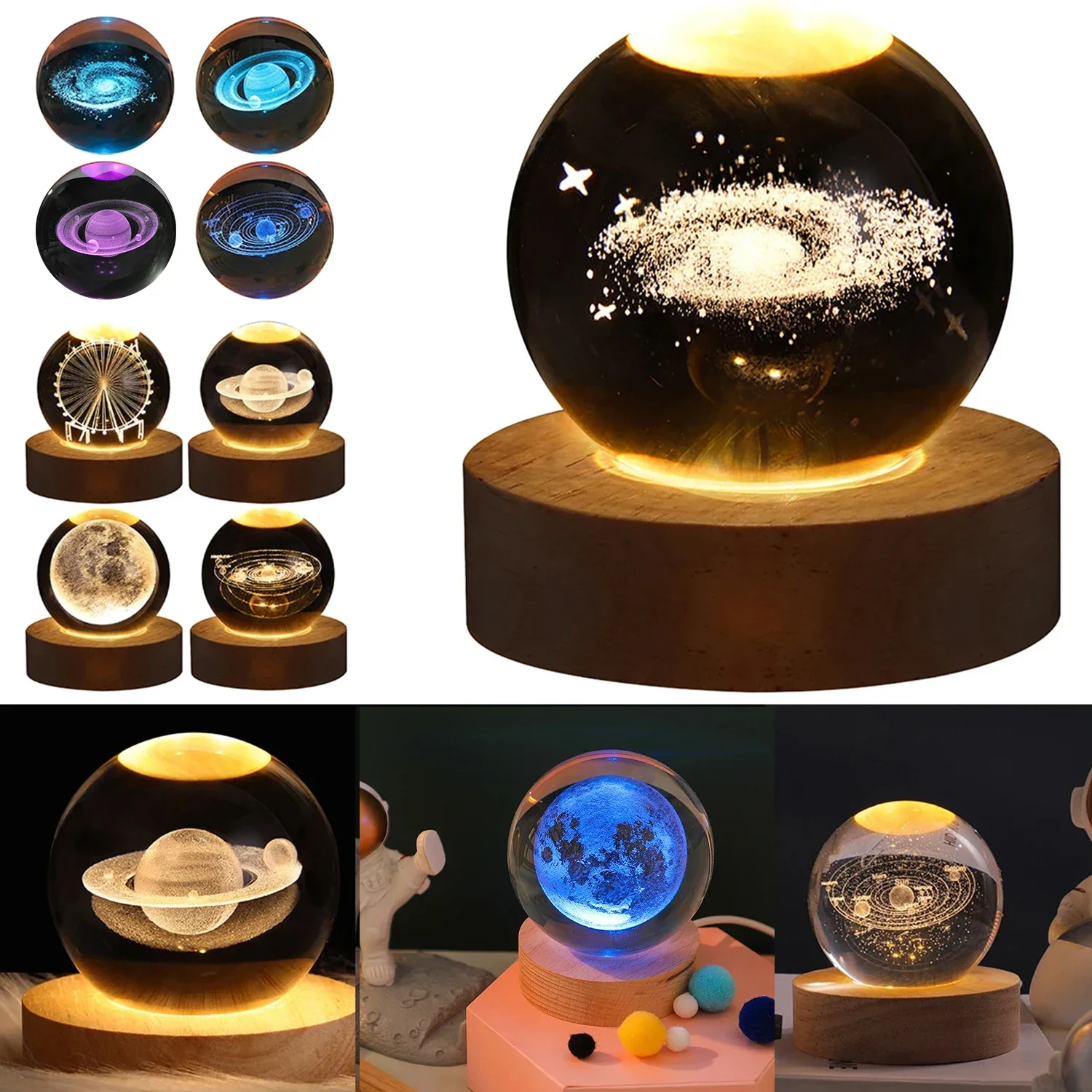 LED Crystal Ball Table NightUSB Night Light Lamp 3D Moon Planet Galaxy Decor for Home Table Lamp Party for Kids Adult Xmas Gifts