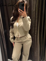 Loose Coat Pant Sets Women Elegant Button Long Sleeve Jacket Zipper Pleated Straight Trousers 2025 Autumn Street Lady Outfit