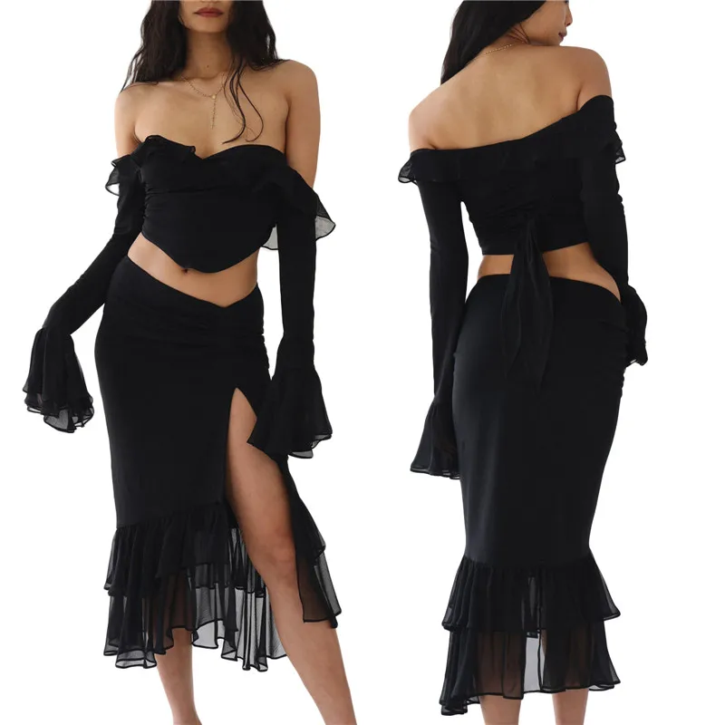 

Women's Summer 2 Pieces Dress Set Skirt Long Sleeved Ruffled V-Neck Cropped Tops + Low Waist Fish Tail Slit Long Skirt Outfits