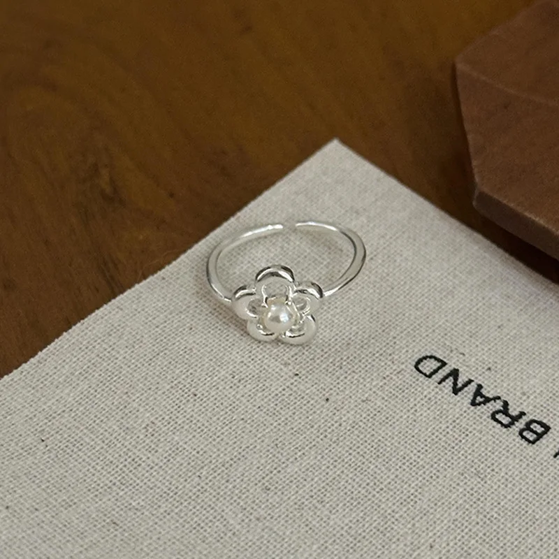 

925 Sterling Silver Charming Hollow Flower Plant Pearl Adjustable Opening Ring for Women Fine Jewelry Minimalist Accessories