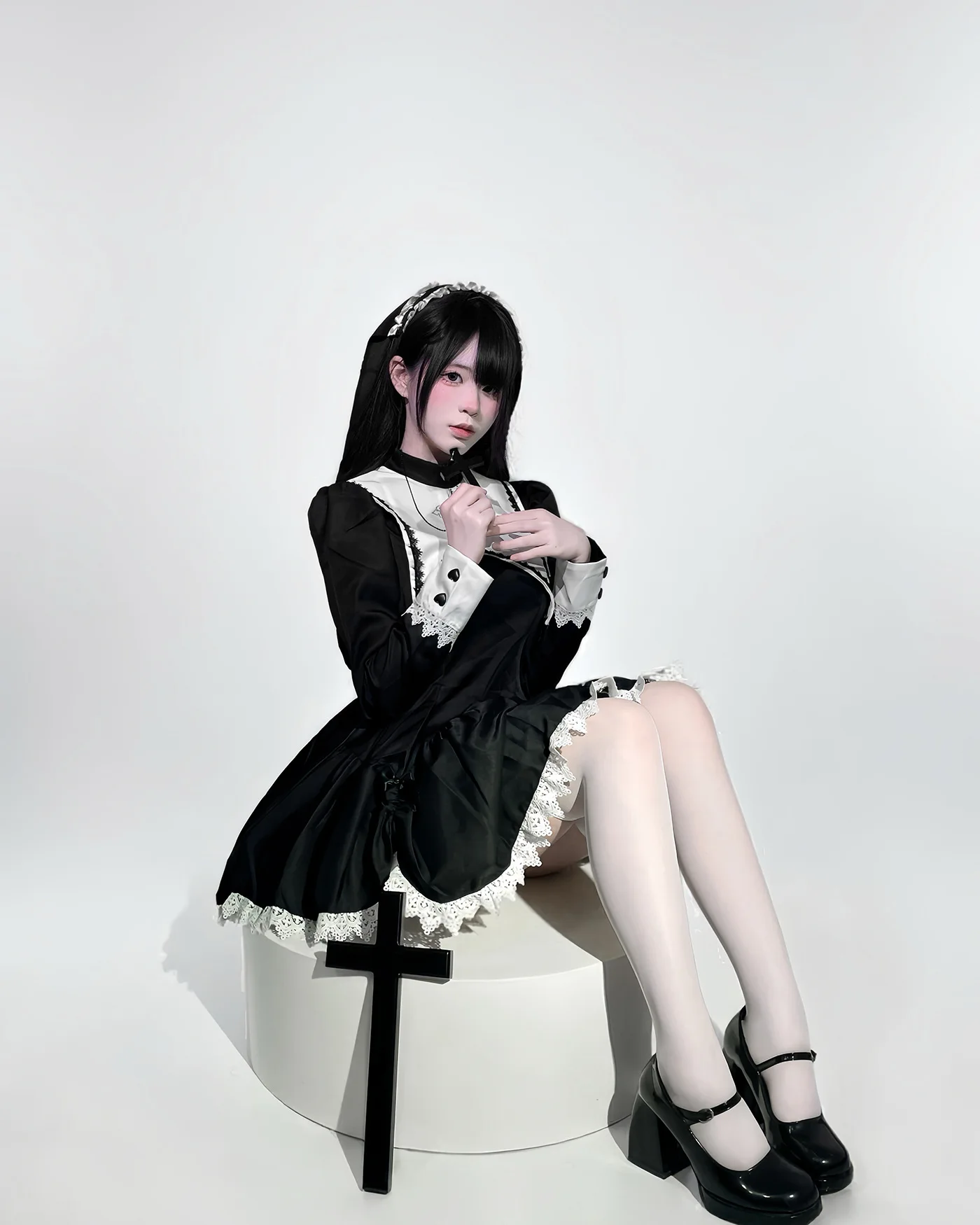 S -5XL Schwarzer Gothic Nonnenrock Cosplay Kostüm Karneval Mädchen Anime Kreuz Nonnenrock Beliebtes Party Halloween Y2k Schleppe Kleid 2025 – Detail 5