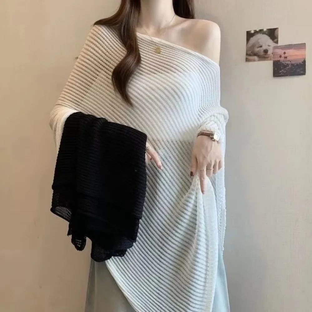 Pullovers Stripe Patchwork Crochet Hollow Top Loose Transparent Sunscreen Cover Up Irregular Thin Bohemian Shawl Beach