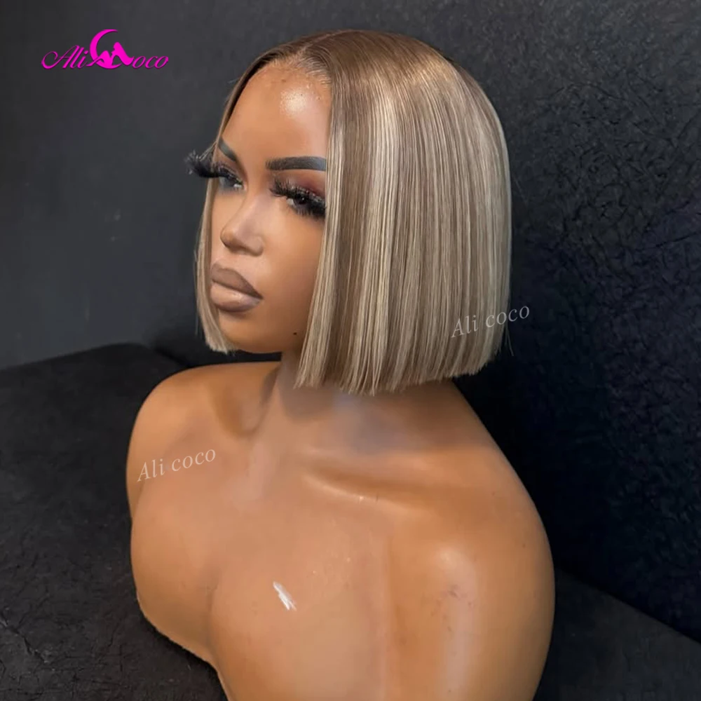 Perruque Bob en cheveux humains 13x4, blond cendré et blond brillant, avec dentelle transparente, densité 180, perruque courte et droite pour femmes