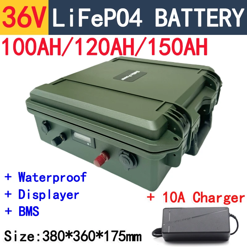 Waterproof IP67 36V lifepo4 100Ah 120Ah 150Ah with bms for trolling motor fishing boats EV RV + 10A charger