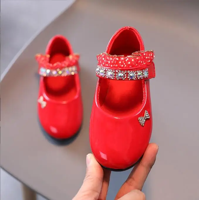 Fashion Children Leather Shoes Rhinestone Bow Princess Girls Party Dance Shoes Baby Student Flats Kids Performance Shoes