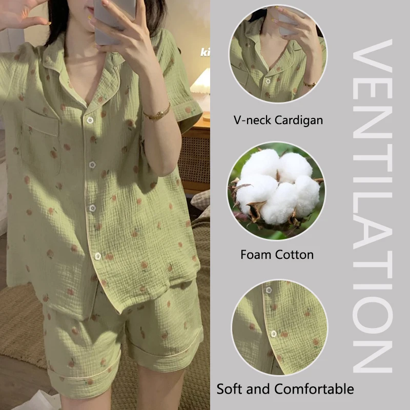 Women\'s Pajamas Set Foam Cotton Sleepwear Button down Tops and Shorts Pajama 2 Piece Suit Femme Nightwear Loungewear for Summer