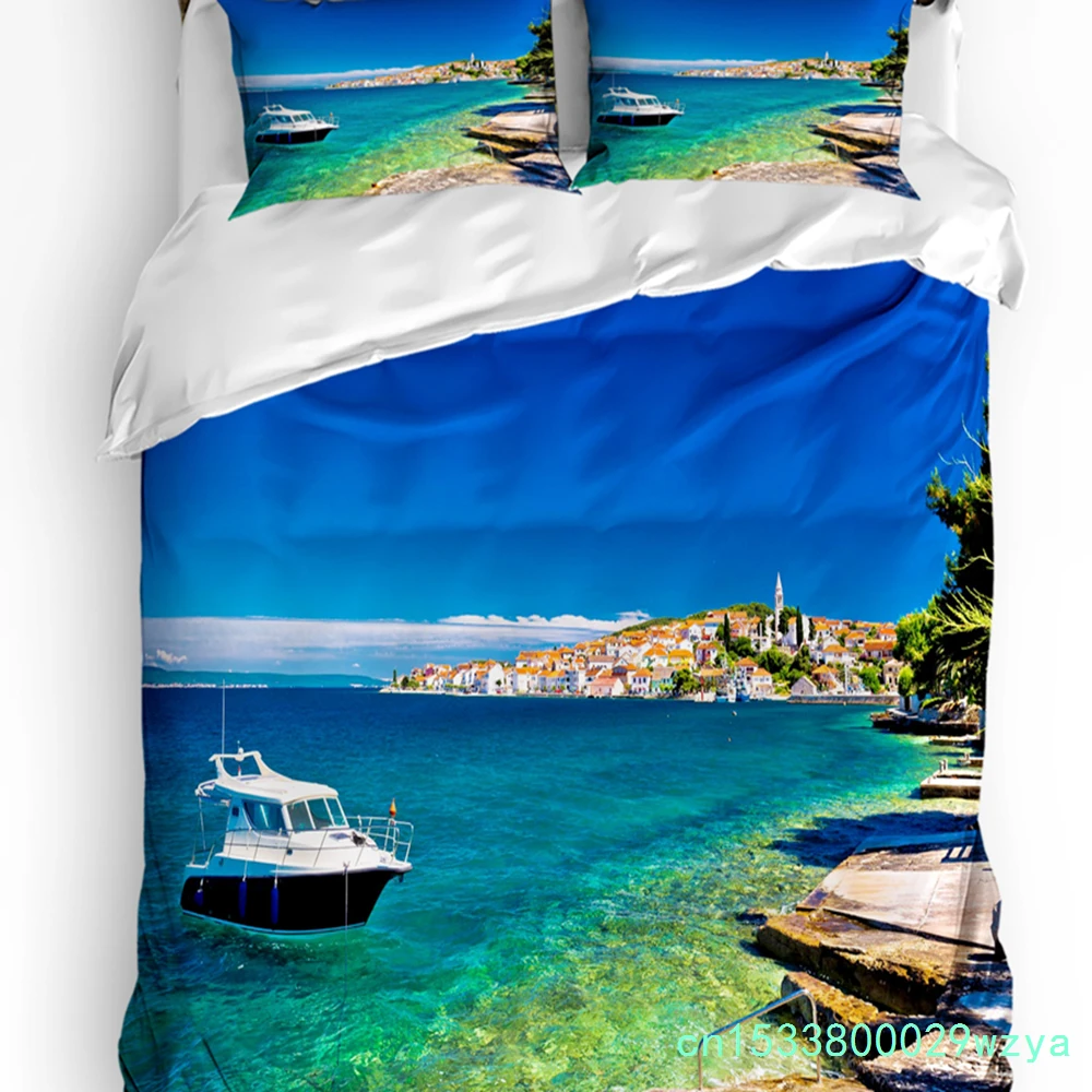 Beach Boat Houses Printed Comfort Duvet Cover Pillow Case Home Textile Quilt Cover Boy Kid Teen Girl Luxury 3pcs Bedding Set