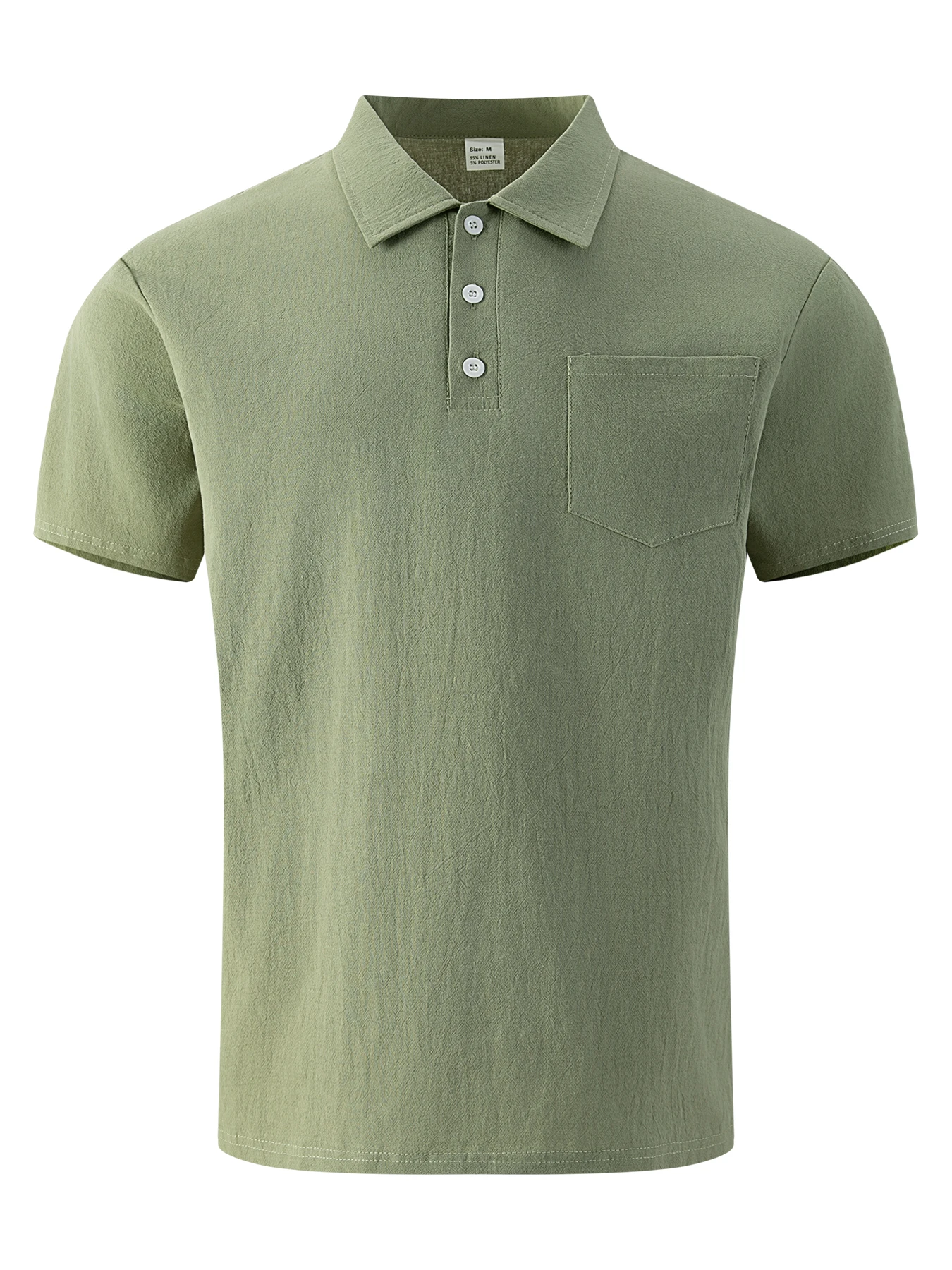 Herren-Poloshirt aus Baumwolle und Leinen, kurzärmelig, Brusttasche mit einem Knopf, Dreiknopfkragen, lässiges Hemd, atmungsaktiv, für den Sommer – Detail 3