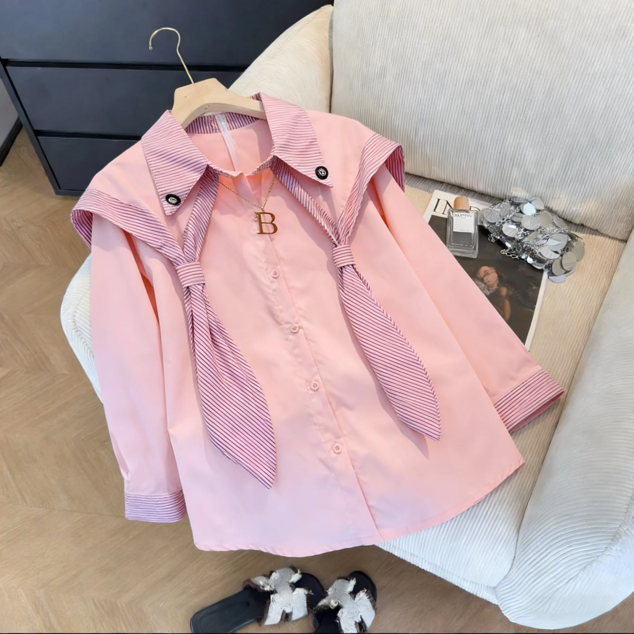 

Нежно-розовая полосатая рубашка с отложным воротником, свободного кроя, повседневная, женская, весенне-осенняя, универсальная, модная, с длинным рукавом, деловая рубашка