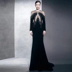 Concert Costumes Luxury Black Jersey Beading Rhinestone Bespoke Occasion Gown Straight Jewel 2024 Long Beaded Evening Gowns