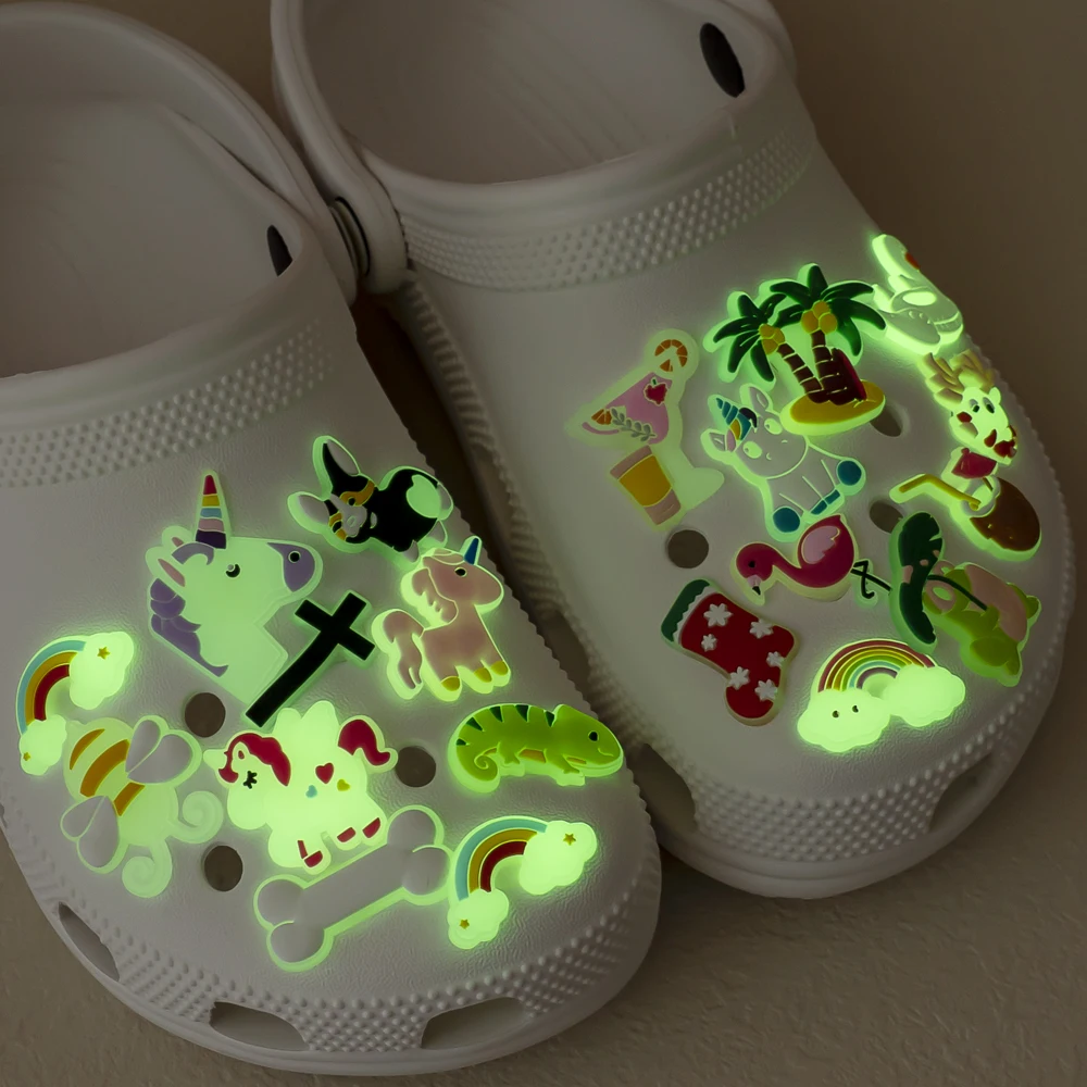 4-26pcs Animal Dog Dinosaur PVC Glowing in the Dark Shoe Charms Rainbow Avocado Unicorn Shoe Decorations Fluorescence Beer