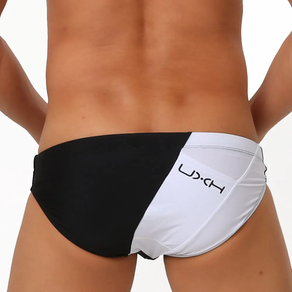 Men\'s Swim Briefs White Black Patch Back Pockets Swimming Short Bikini Beach Pants Swimsuit Swimwear Sexy Male Suilt Surfing