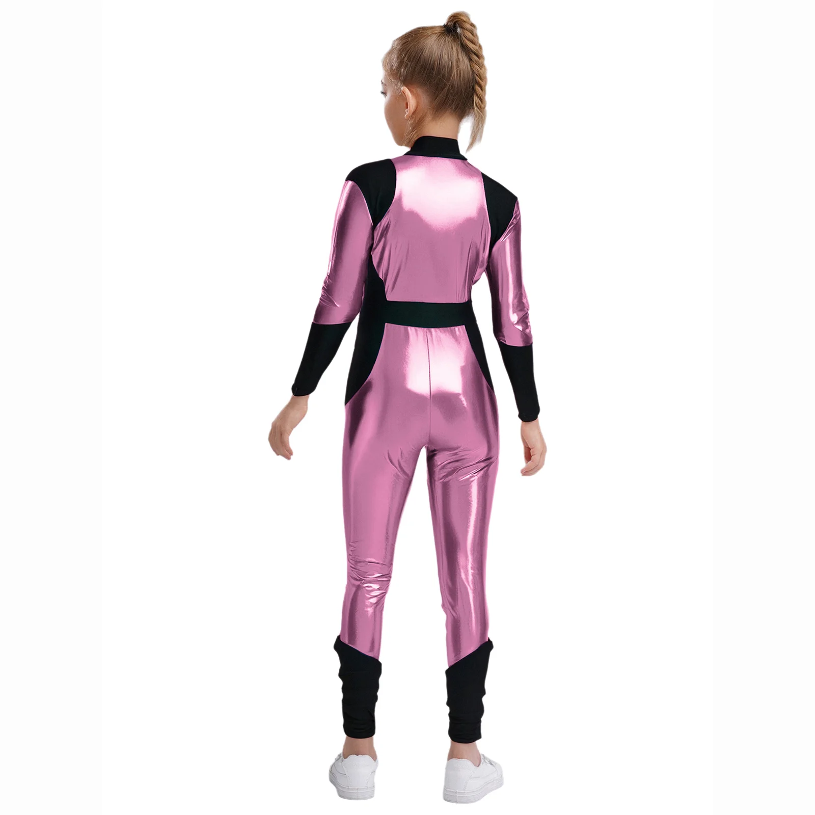 Girls Boys Metallic Shiny Astronaut Costume Halloween Party Space Alien Robot Cosplay Jumpsuit Long Sleeves Athletic Bodysuit