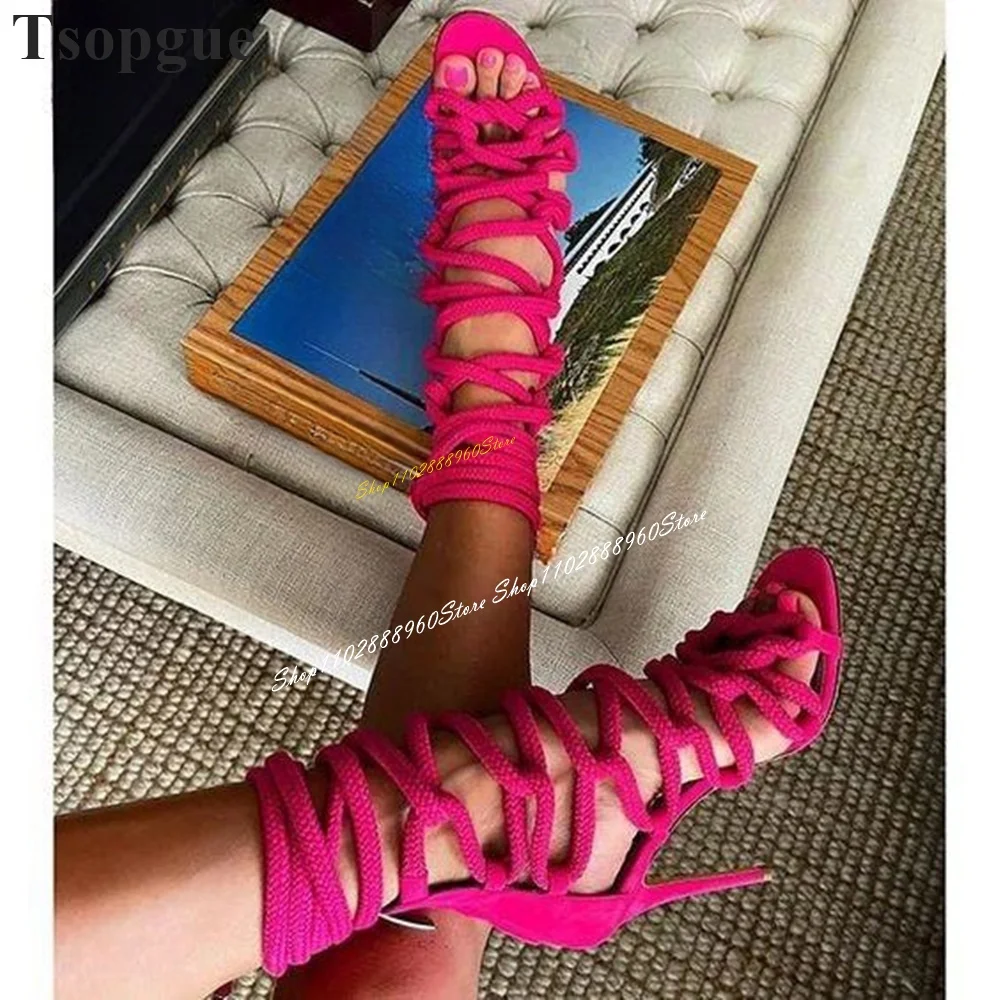 Stylish Red String Net Casual Sandals Thin High Heel Shoes For Women Back Zipper Open Toe 2024 Fashionable Zapatos Para Mujere