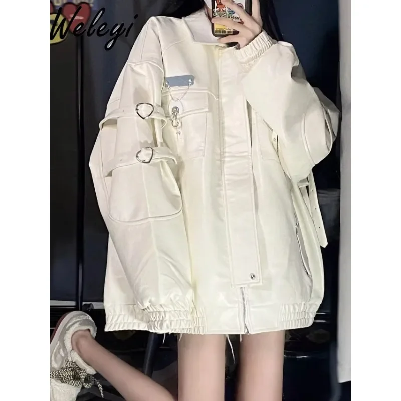 Harajuku Love Buckle Stitching PU Leather Coat Female Autumn Motorcycle Clothing Oversleeves Fleece-lined Thickened Cotton Coat