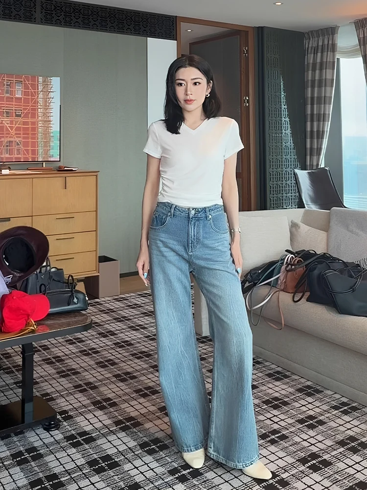 

Le Samedi High Density Washed Cotton Vintage Jeans Long And Short Styles Fashionable Casual Straight Leg Blue Denim Pants