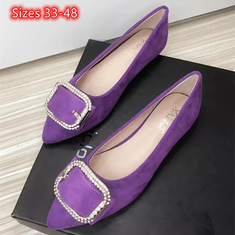 Weibliche Luxus Strass Schnalle Wohnungen spitze Zehen Flock Stoff Slip-On Mode britischen Stil Chauss ure schwarze Rose plus Größen 33-48