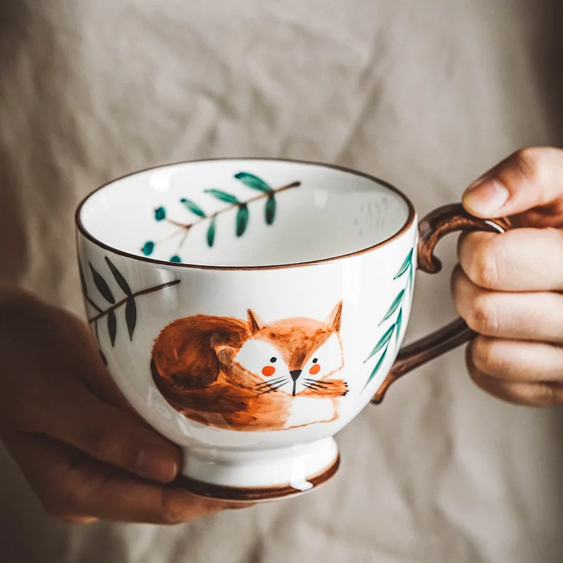 Hand Painted Porcelain Cat Fox Bird Hedgehog Deer Mugs Microwave Safe Vintage Kitchen Drinkware Cute Coffee Milk Oatmeal Tea Cup