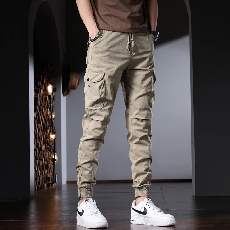 Men's Khaki Cotton Cargo Pants Summer Casual Tactical Multiple Pockets Drawstring Trousers CP2209