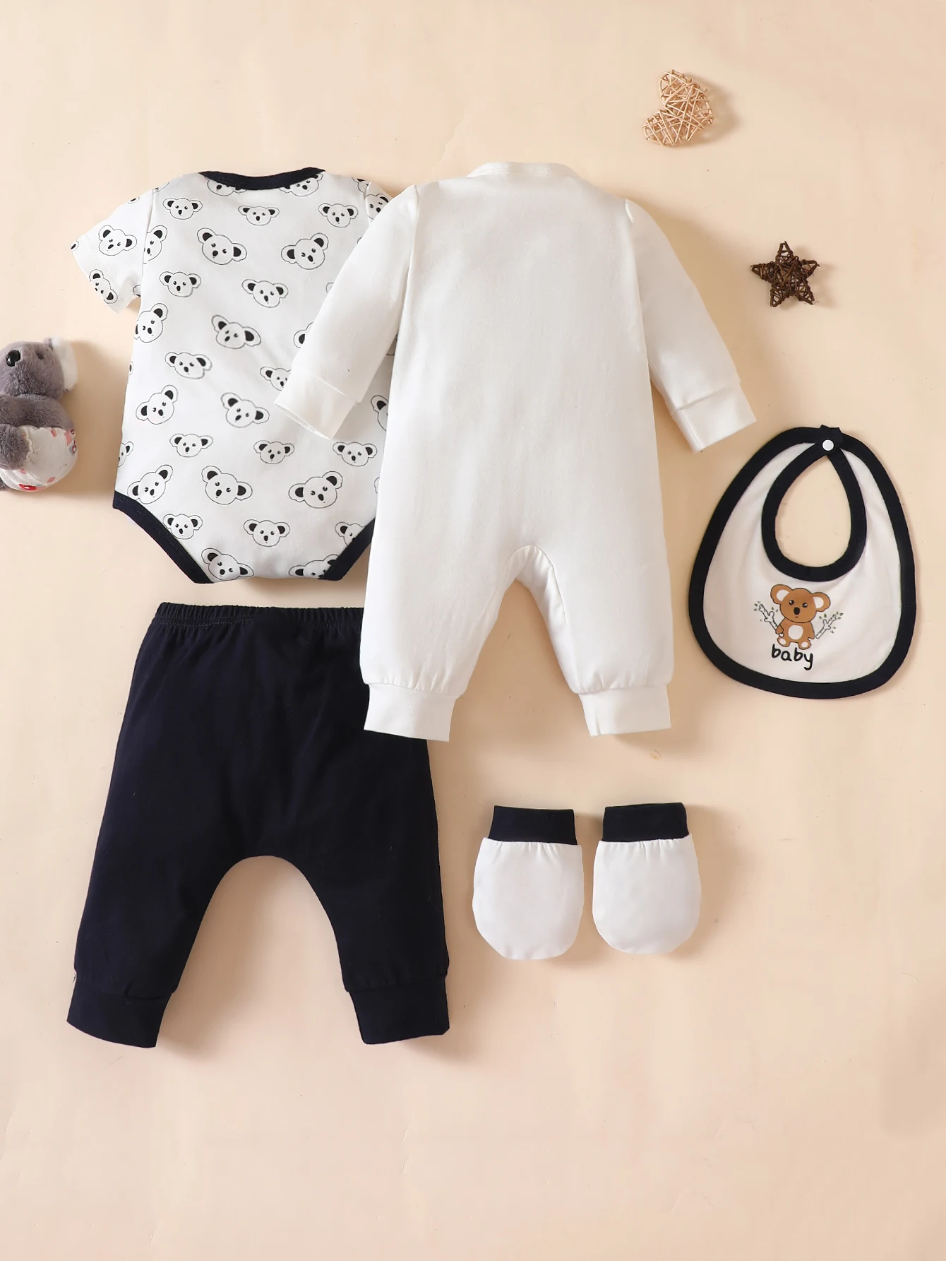 5 Stuks Gehele Seizoen Draagbare Jongens Pak Teddybeer Jumpsuit Open Knoop Effen Kleur Broek Sjaal Sokken Baby Kinderkleding