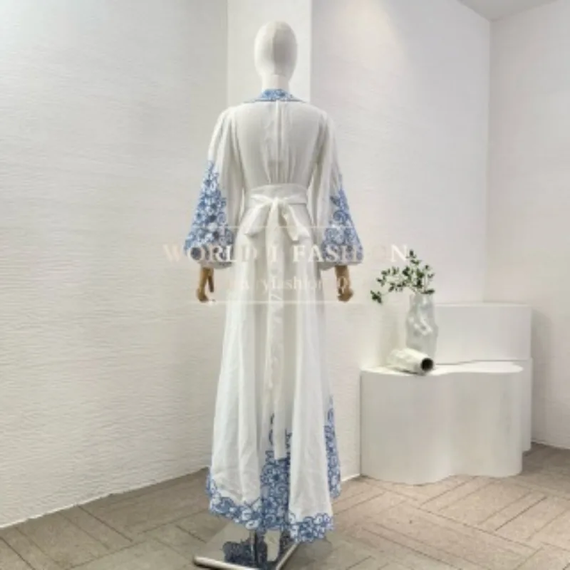 White Blue Embroidery Floral Long Sleeve Wrap Irregular Hem Maxi Dress 2025