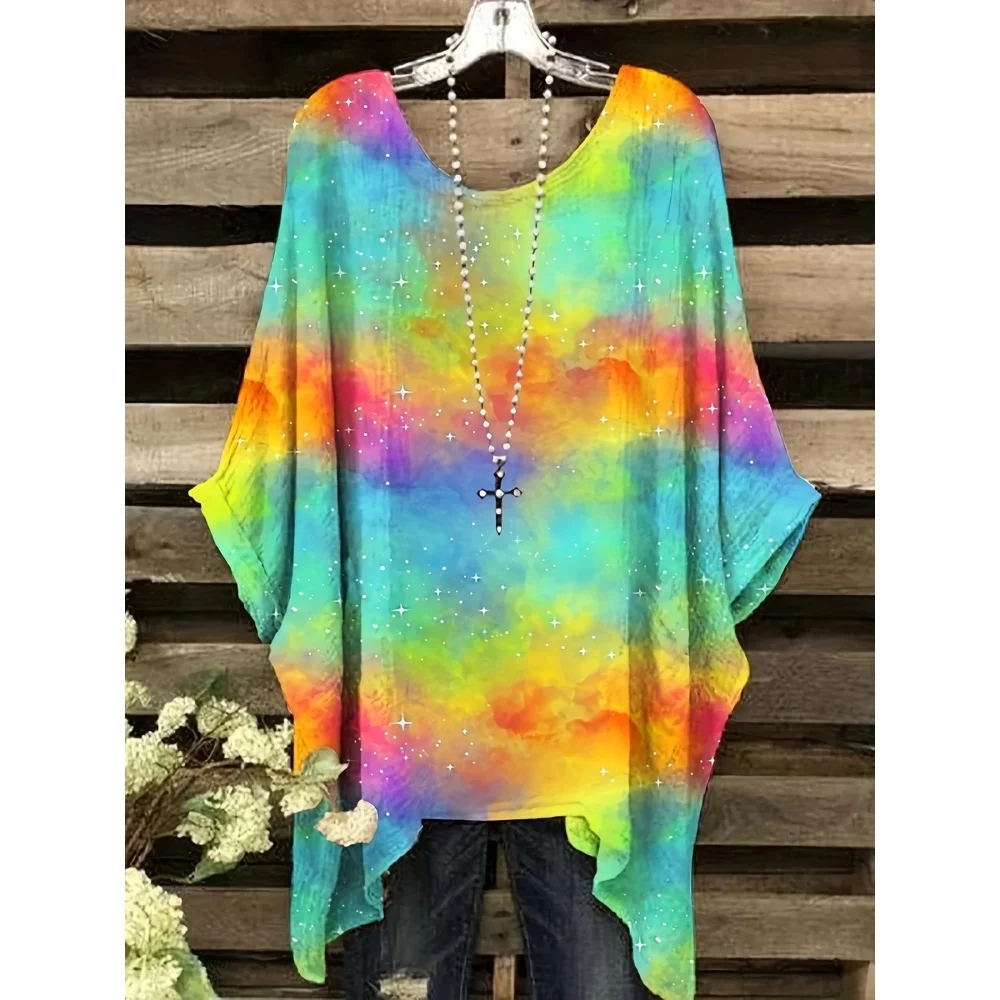

Women's T-Shirt Elegant Bohemian Vacation Colorful Rendering Graphic Print Fashion Versatile Round Neck Women's Summer Clothes