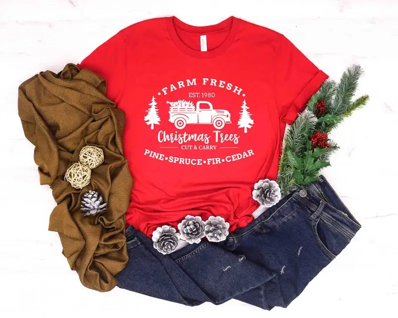 Farm Fresh Christmas Trees Truck T-shirt Family Truck Gift Truck Family Shirts Short Sleeve Top Tees O Neck goth Drop Shipping