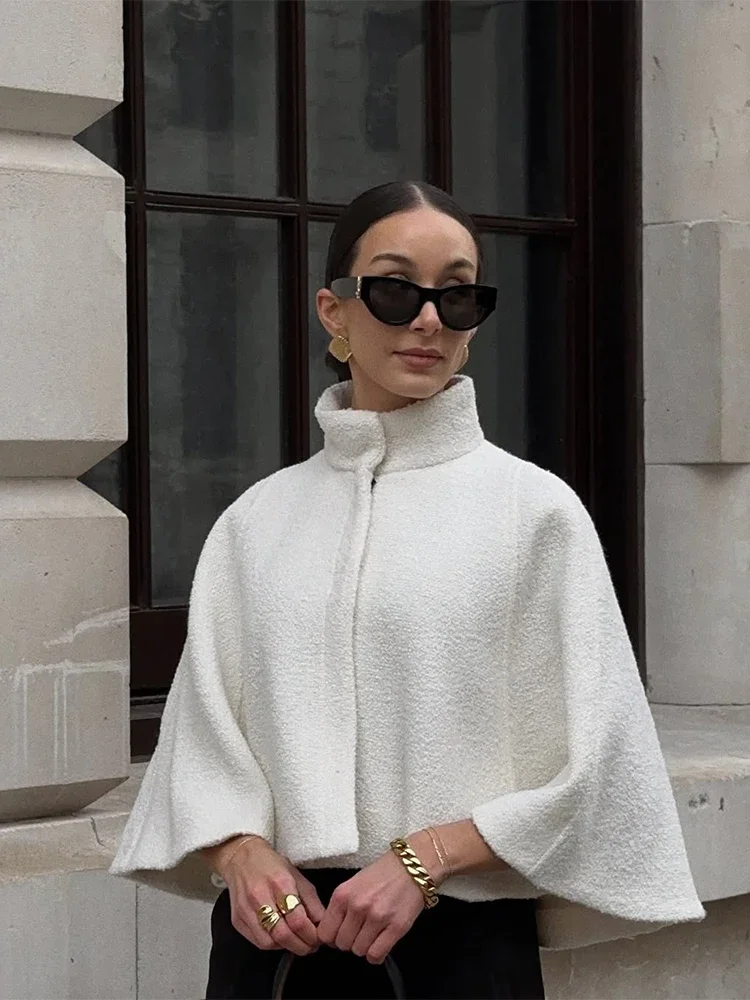

Women White High Neck Woolen Cloak Jacket Elegant Full Sleeve Pleated Loose Cropped Cape Coat Autumn Daily Commuting Streetwear