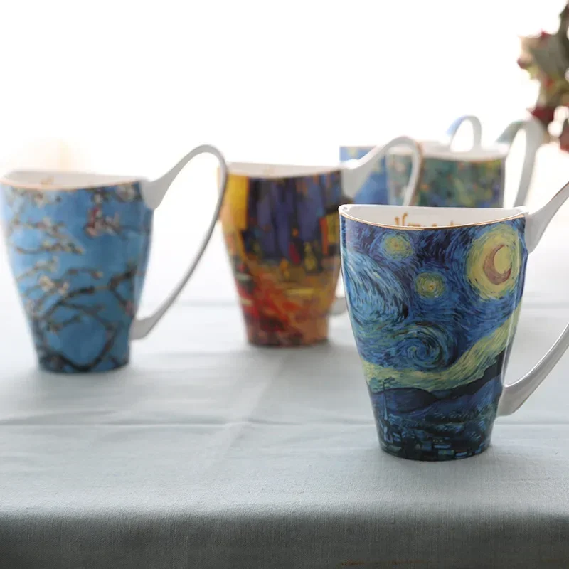 New Style Van Gogh Blue Starry Sunflower Flower Mug Art Paintings Ceramic Bone China Mugs Coffee Cups Tumbler Cup