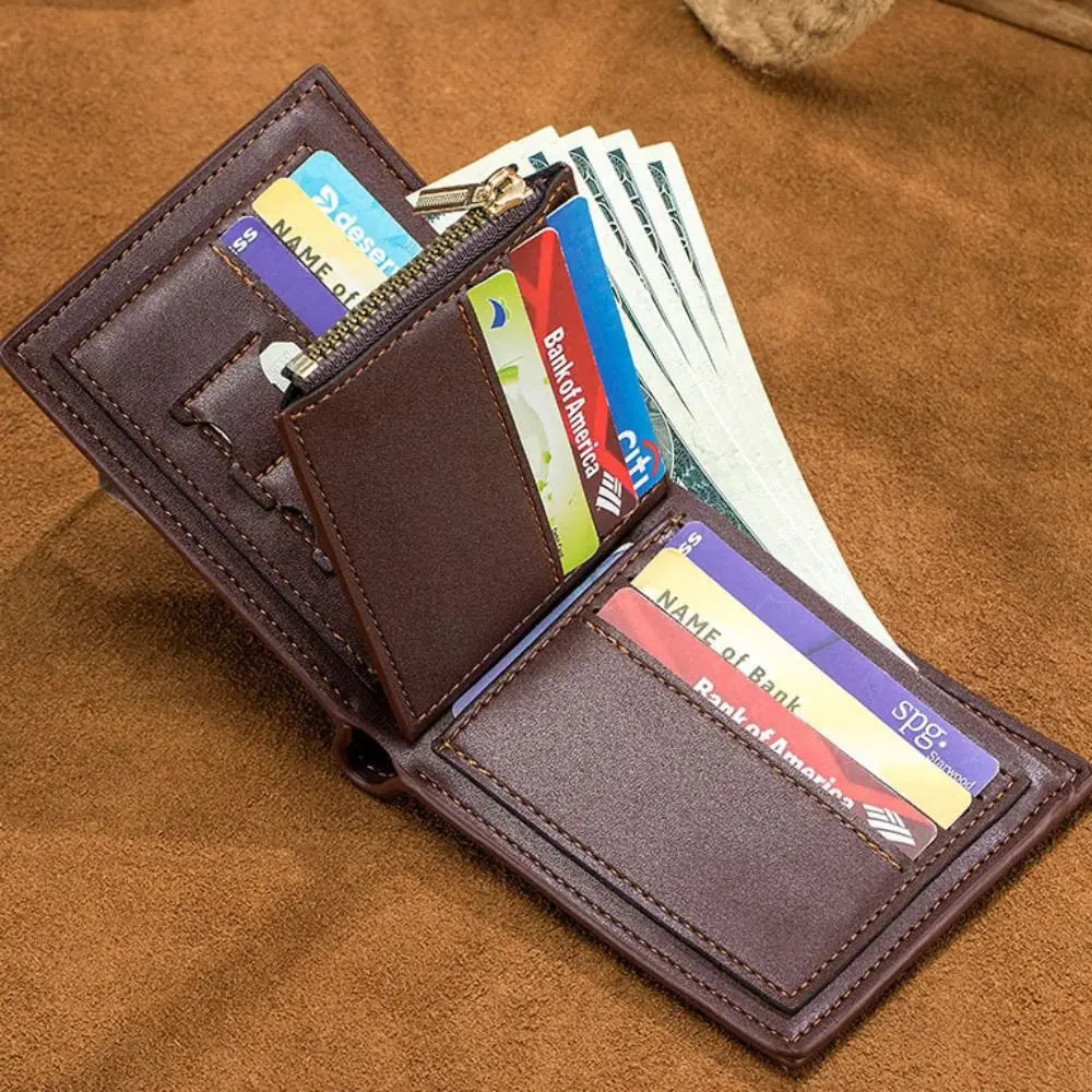 Portable Zipper Men's Short Wallet Pu Retro Male Coin Purse Multifunctional Lightweight Business Card Holder Gift