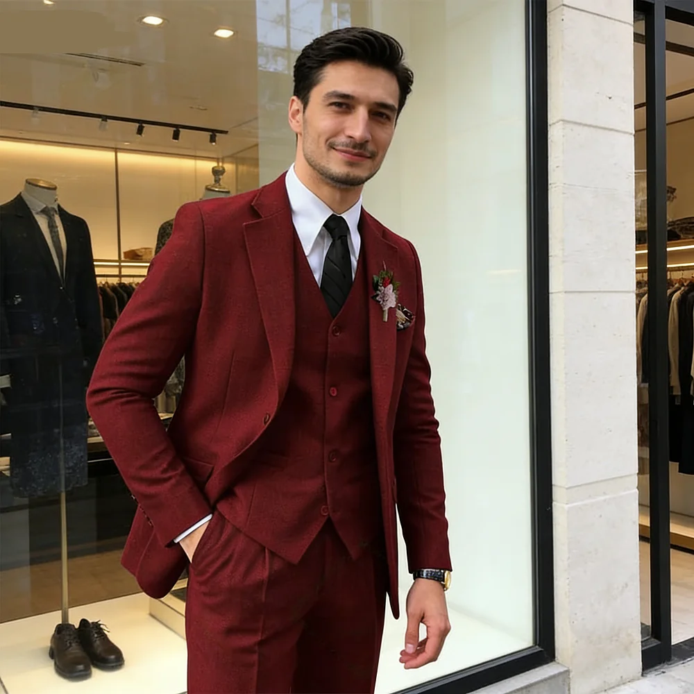 

Men's Wedding Tuxedo in Brown Tweed 3-Piece Fishbone Smoking Suit with Notched Lapel Business Tweed Aesthetic Tailored Fit