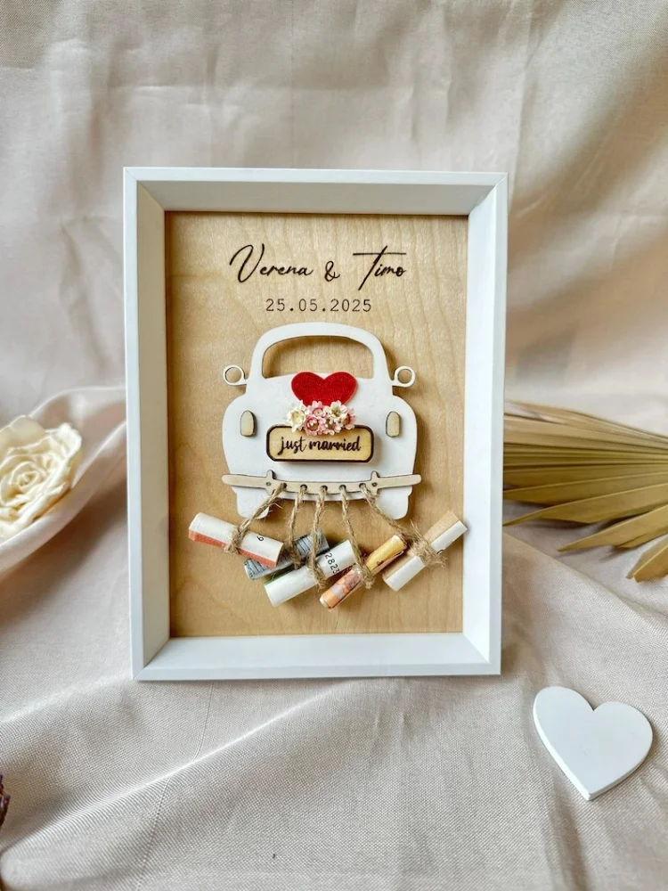 Cadre photo personnalisé imprimé UV « Just Married » pour voiture, avec noms et date, boîte à souvenirs pour cadeau en espèces de mariage, cadeau de mariage