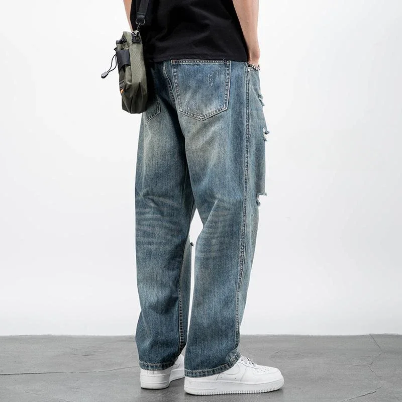 

Men's Jeans Broken Straight Trousers Ripped with Holes Loose Torn Wide Leg Male Cowboy Pants Baggy 2024 Korean Autumn New in Xs