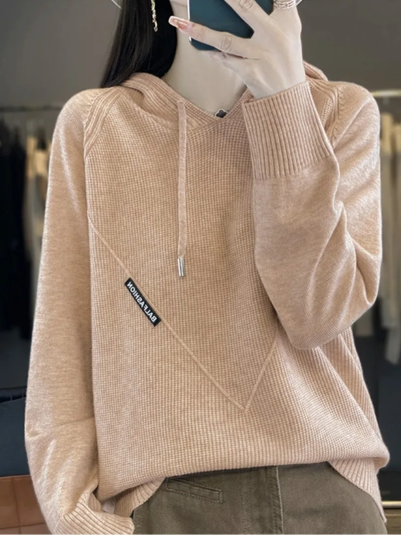 Lockerer Damen-Strick-Hoodie Thermal Irt Casual Sle Polyester und Camere Blend Long Sve Winter Faion Top