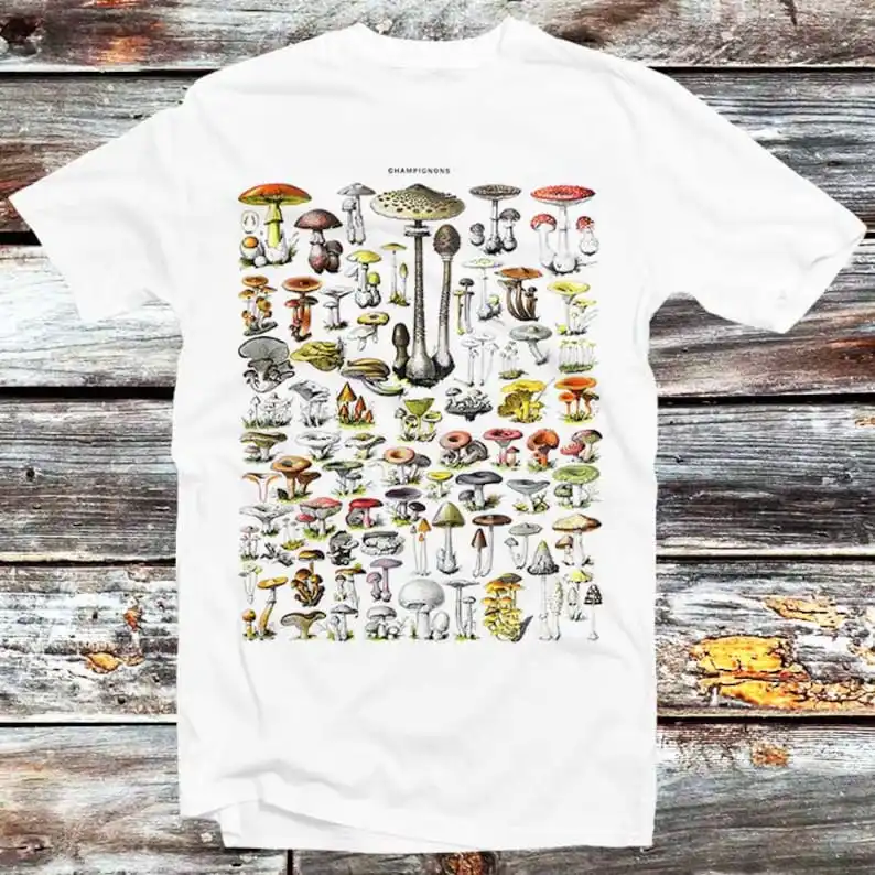 Mushrooms T Shirt Champignons Antique Botanical Retro Vintage Larousse Adolphe Millot Magic Art Drawing French Top Tee B34