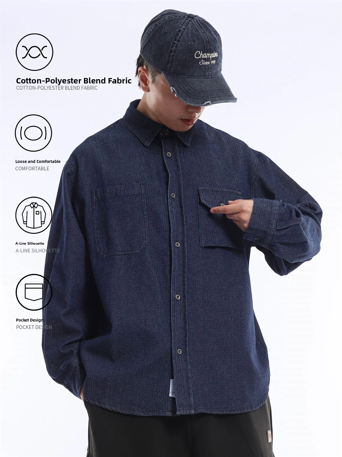 High-Waisted Wide-Hem Denim Shirt Men's Lightweight Washed Japanese Style Cotton Polyester Workwear Shirt Deep Blue Original ...