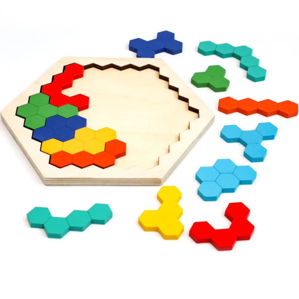 Puzzle Hexagonal en bois, jeu de qi, jouets éducatifs pour enfants et adultes, planche de Tangram, qi, casse-tête, jouets Montessori, cadeaux