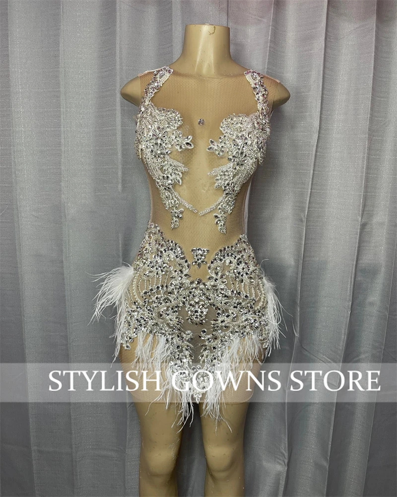 Sexy Silver O Neck Short Prom Dress Black Girl Bead Crystal Graduation Dress Feather Mermaid Mini Cocktail Homecoming Customized