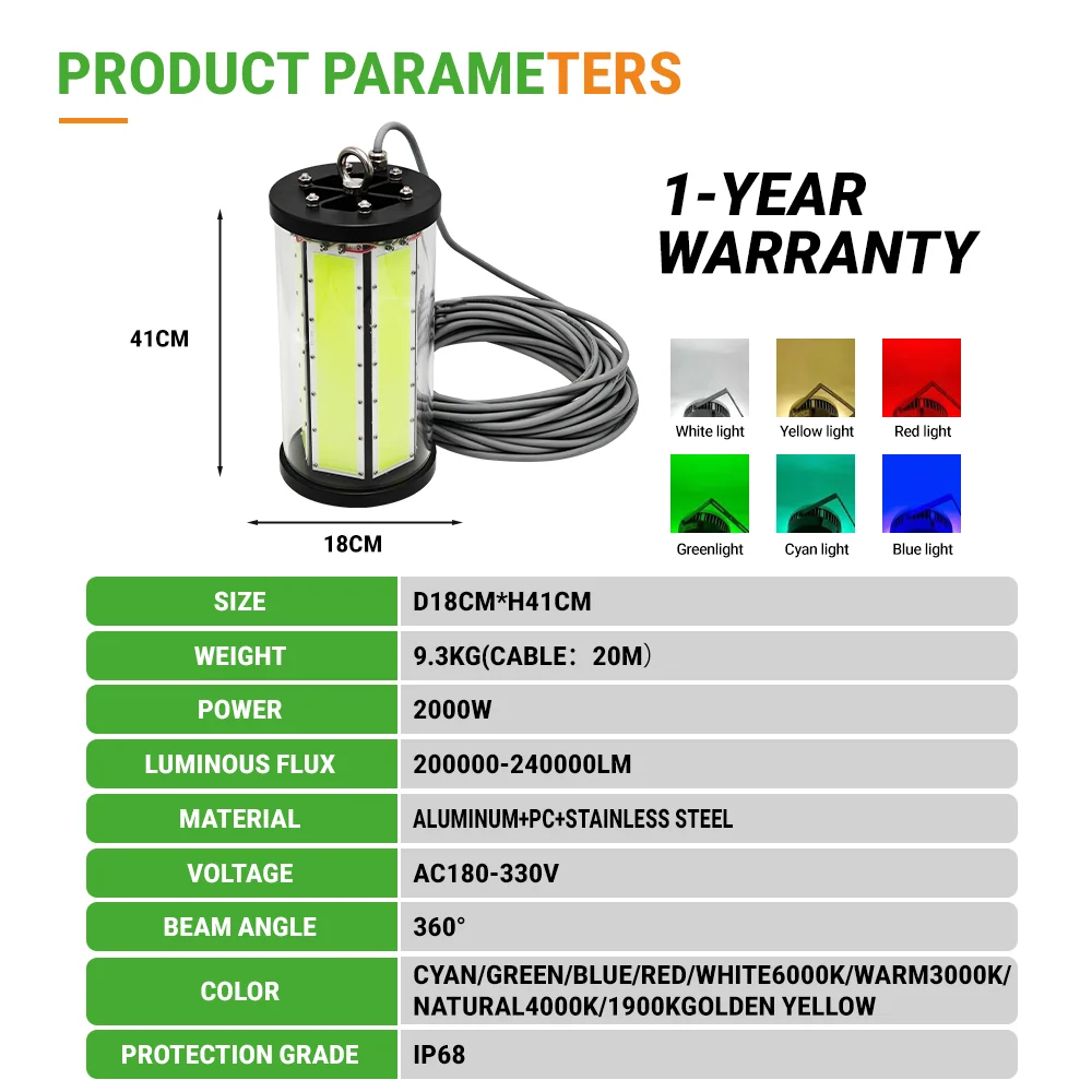 Customized Factory 2000W IP68 240000lm LED Underwater Fishing Light Green Fish Attracting Marine Lamp for Squid and Deep Sea Spe