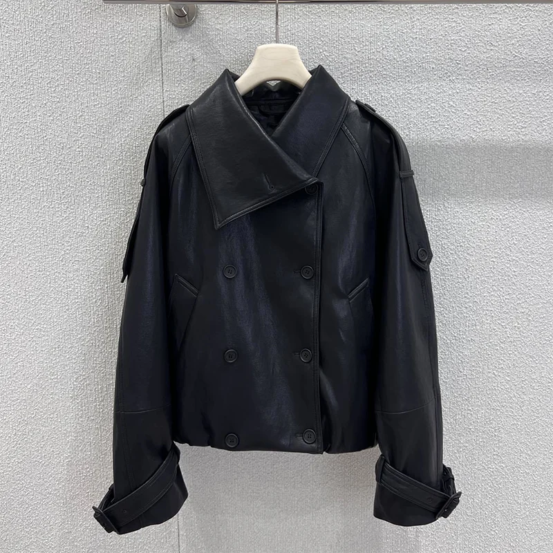 Cappotto in pelle da donna doppiopetto moderno retrò lussuoso di alta qualità con colletto ampio Giacca elegante e aderente 25102250