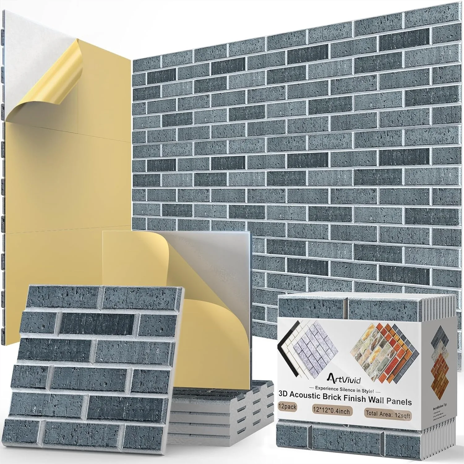 

12 Pack Acoustic Panels, Self-Adhesive 3D Brick Pattern Sound Proof Panels, High Density Acoustic Foam for Recording Studios